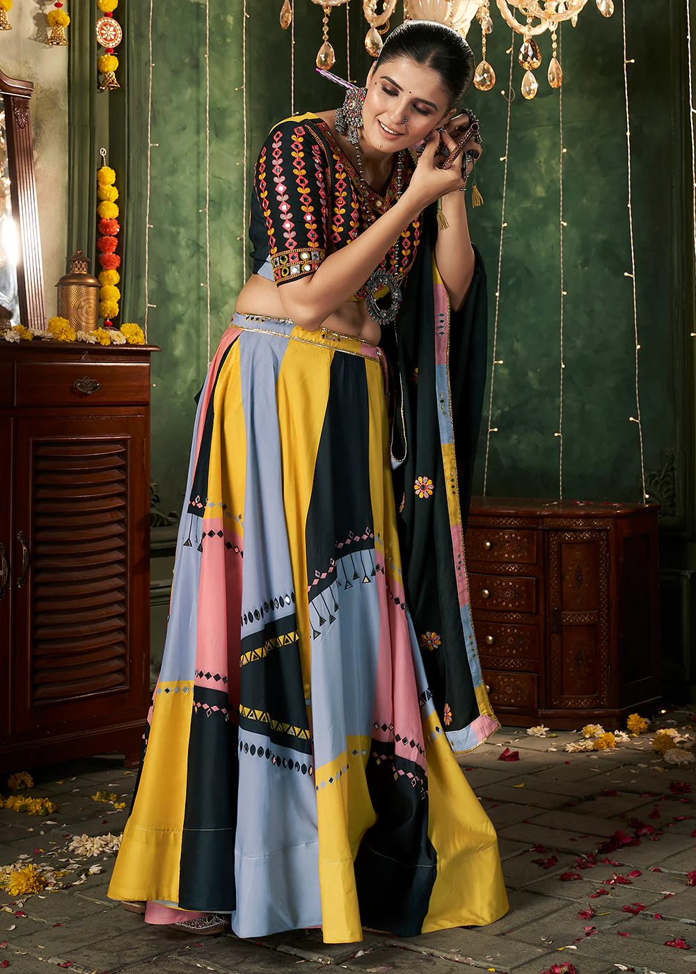 Multicolor Printed & Mirror Work Chaniya Choli for Navratri - Image 5