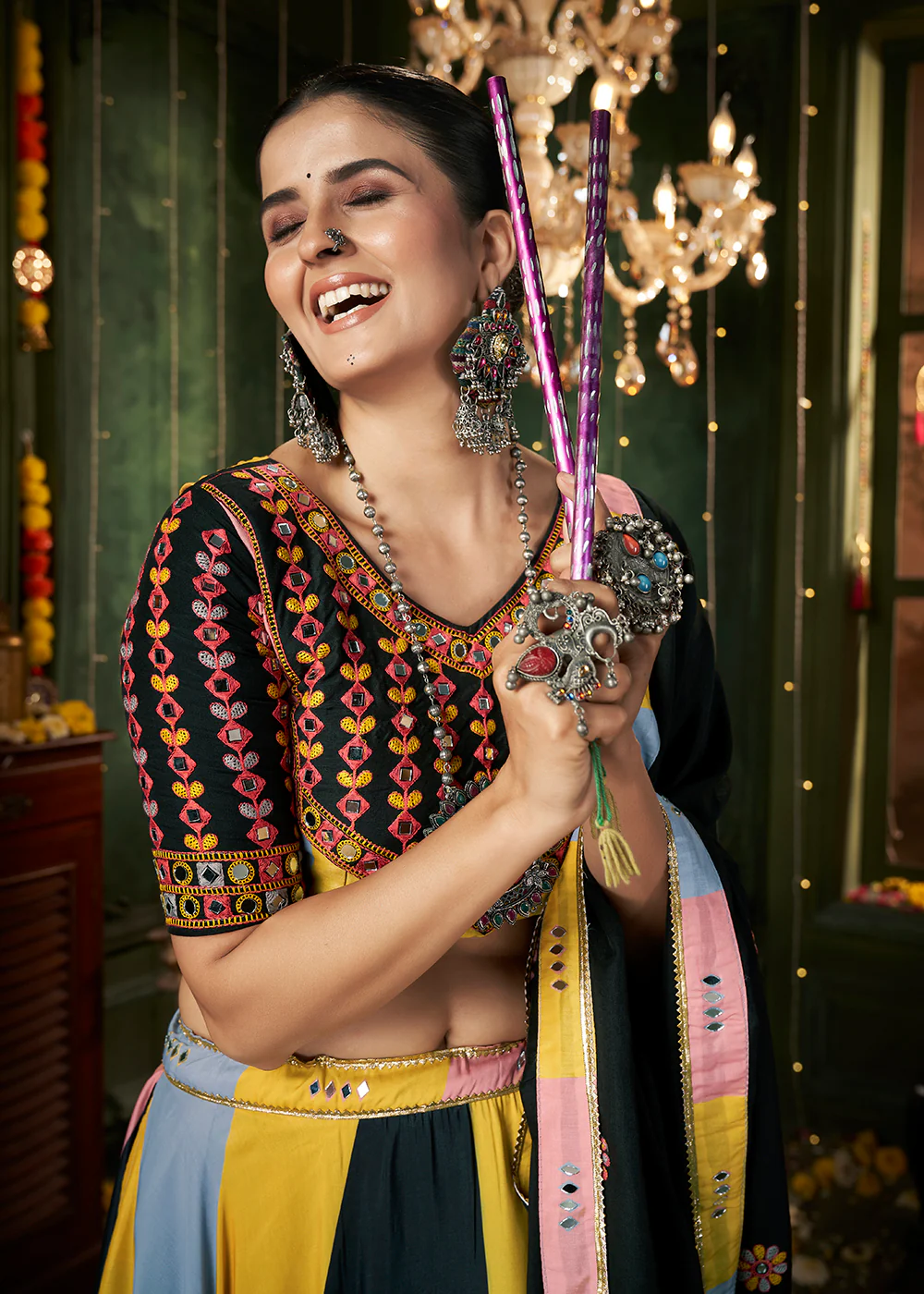 Multicolor Printed & Mirror Work Chaniya Choli for Navratri - Image 6