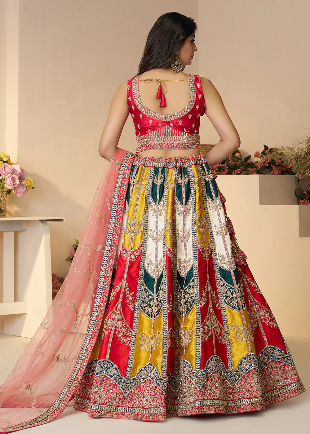 Multicolor Silk Embroidered Bridal Haldi Wear Lehenga Choli - Image 3