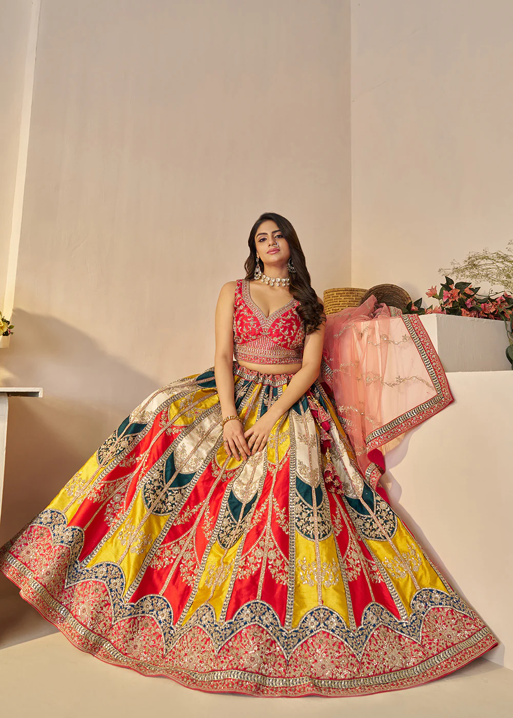Multicolor Silk Embroidered Bridal Haldi Wear Lehenga Choli - Image 4