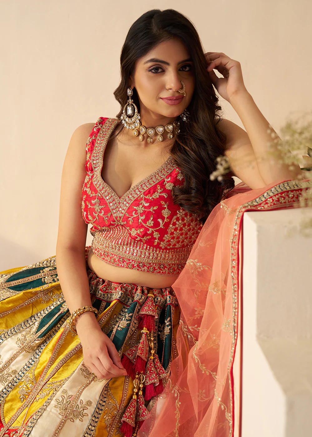 Multicolor Silk Embroidered Bridal Haldi Wear Lehenga Choli - Image 5