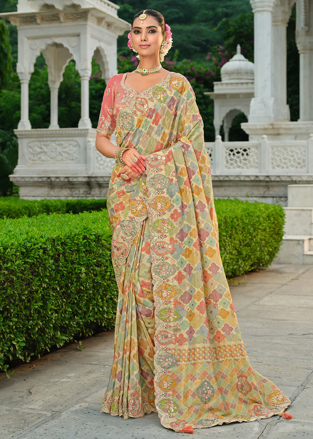 Multicolor Silk Khatli Embroidered Saree