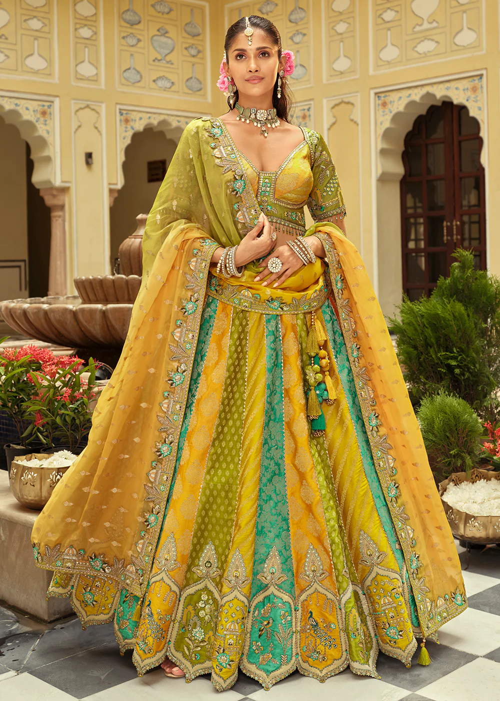 Multicolor Silk with Embroidered Bridal Lehenga Choli