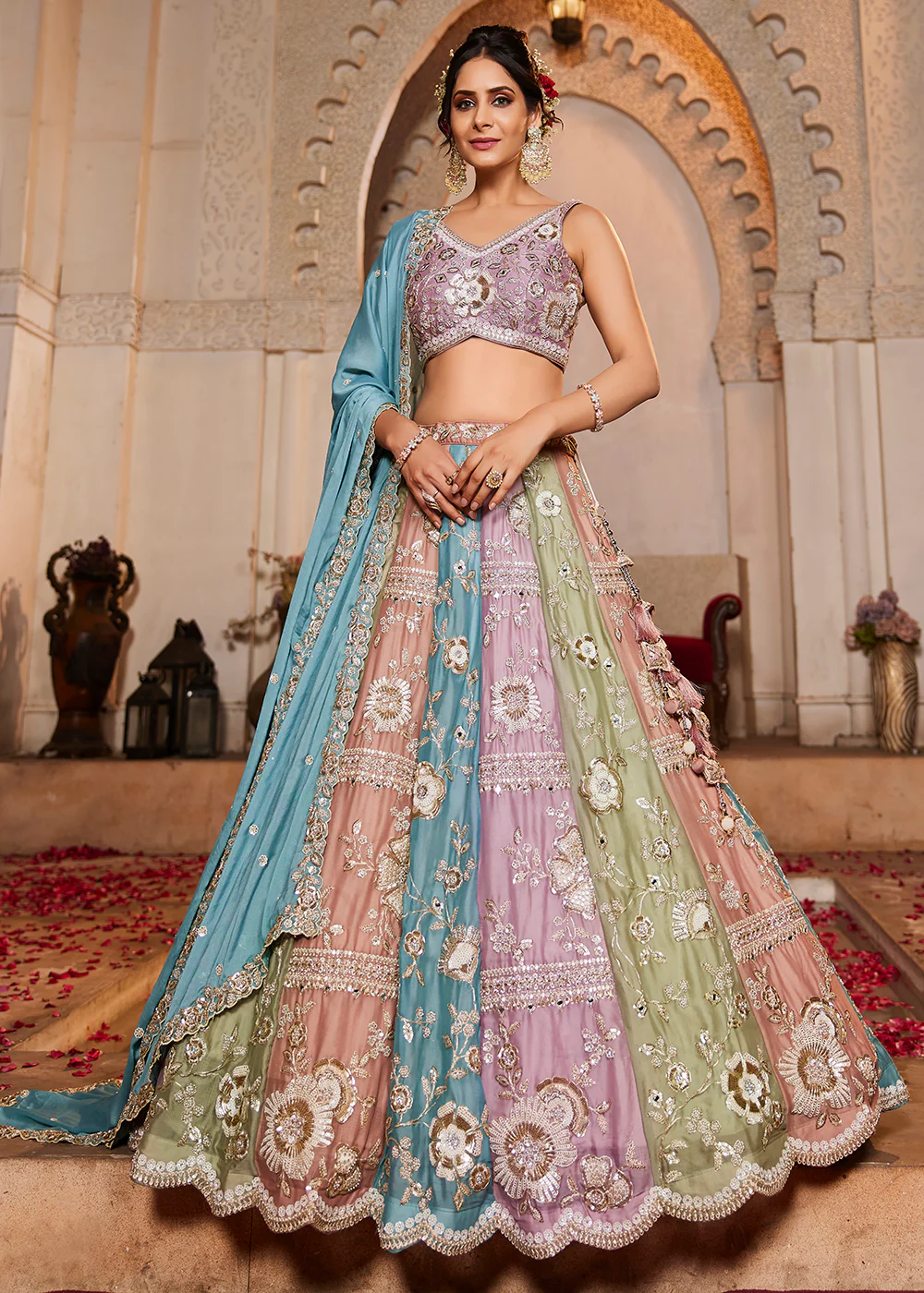 Multicolor Turquoise Pure Georgette Wedding Lehenga Choli
