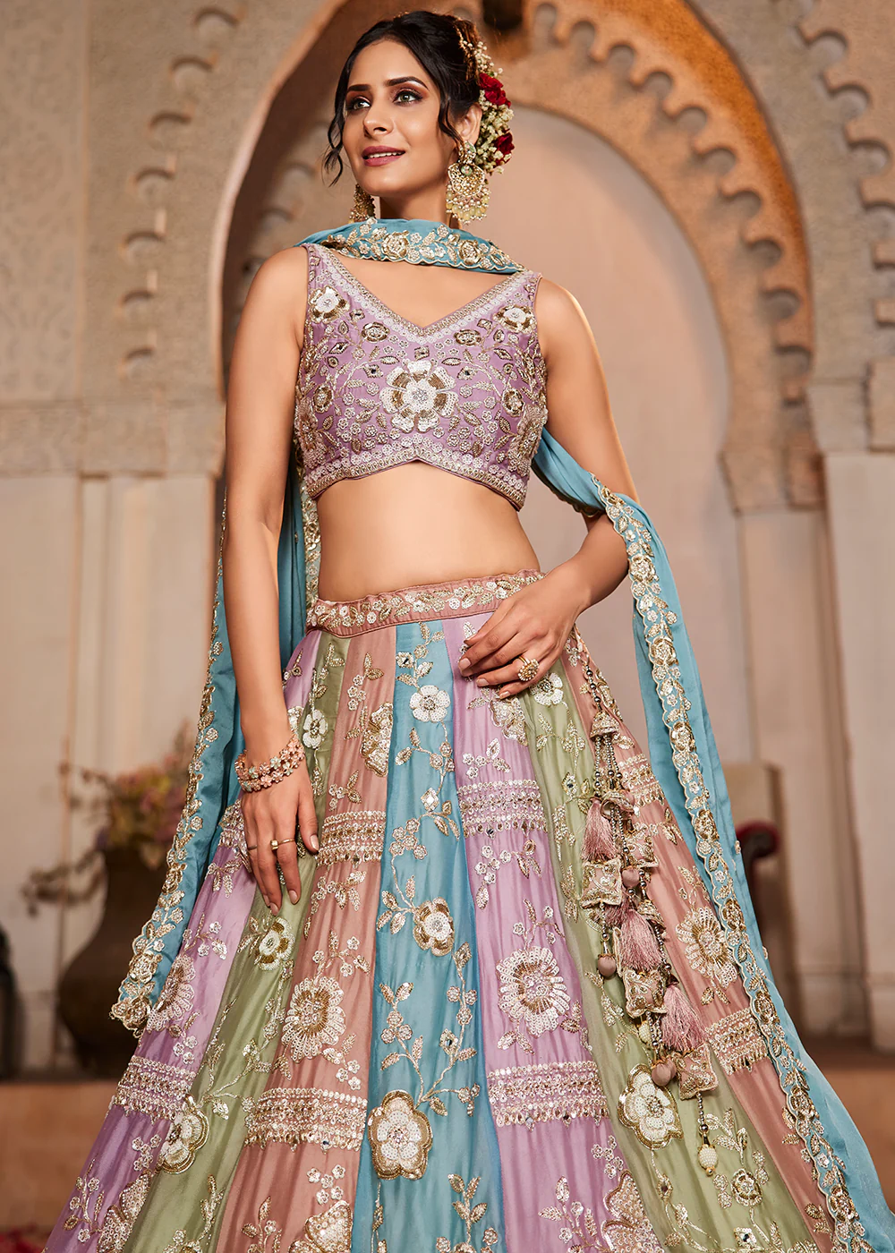 Multicolor Turquoise Pure Georgette Wedding Lehenga Choli - Image 2