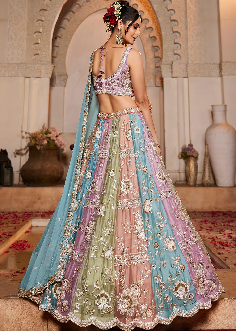 Multicolor Turquoise Pure Georgette Wedding Lehenga Choli - Image 3