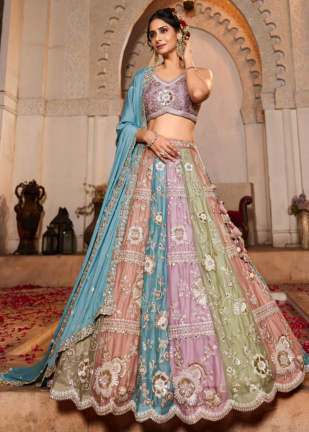 Multicolor Turquoise Pure Georgette Wedding Lehenga Choli - Image 4