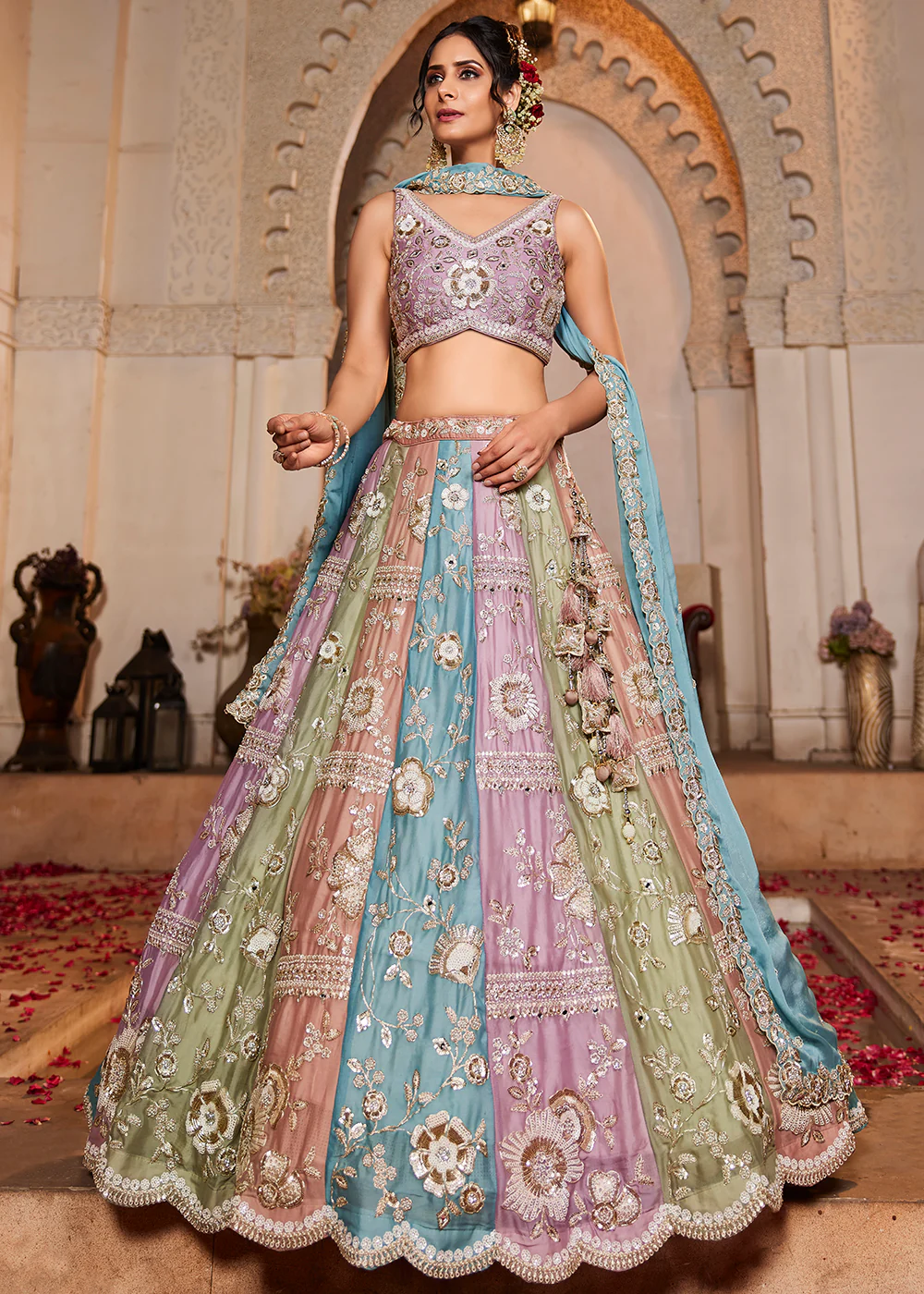Multicolor Turquoise Pure Georgette Wedding Lehenga Choli - Image 6