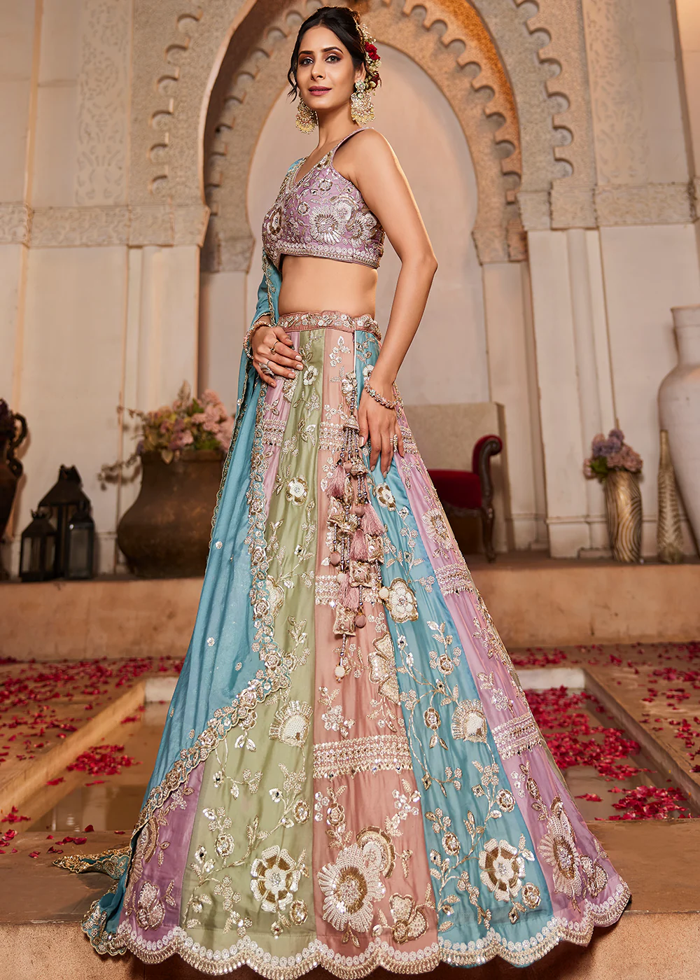 Multicolor Turquoise Pure Georgette Wedding Lehenga Choli - Image 7