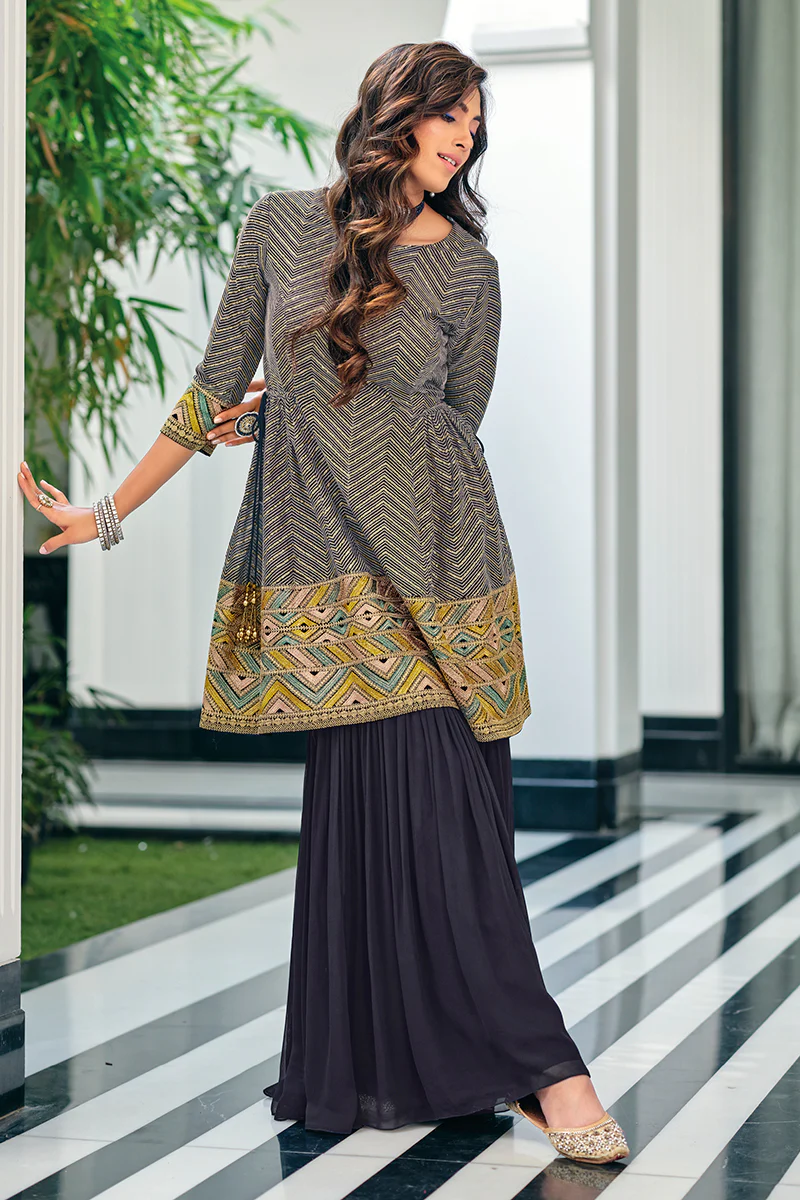 Multitone Blue Indo-Western Peplum Sharara Suit - Image 4