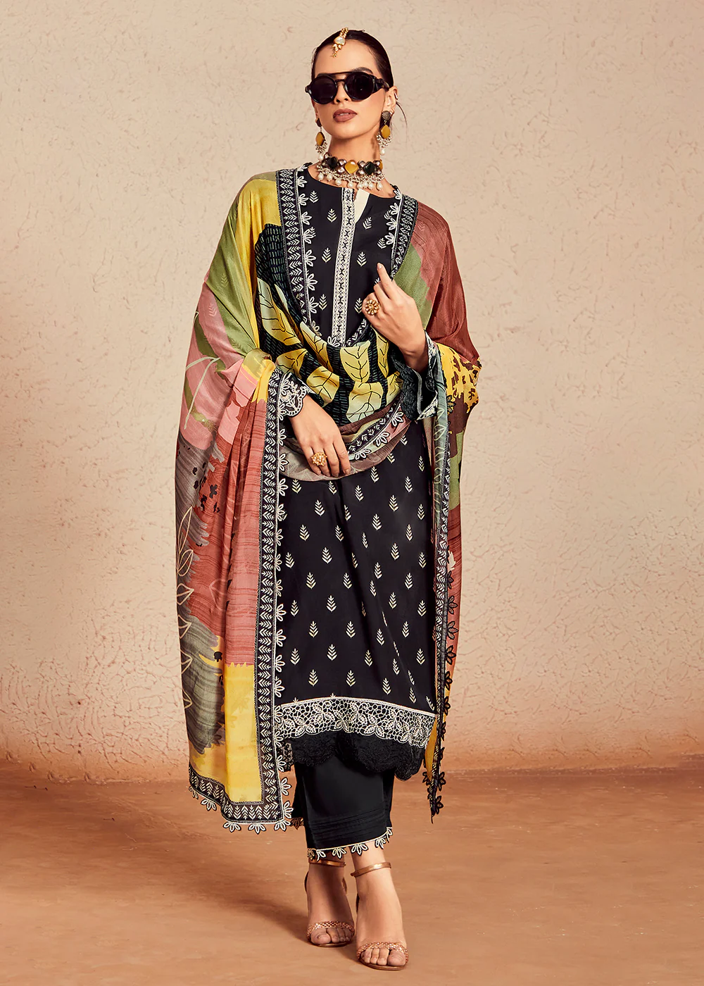 Muslin Cotton Black Digital Print & Embroidered Salwar Suit