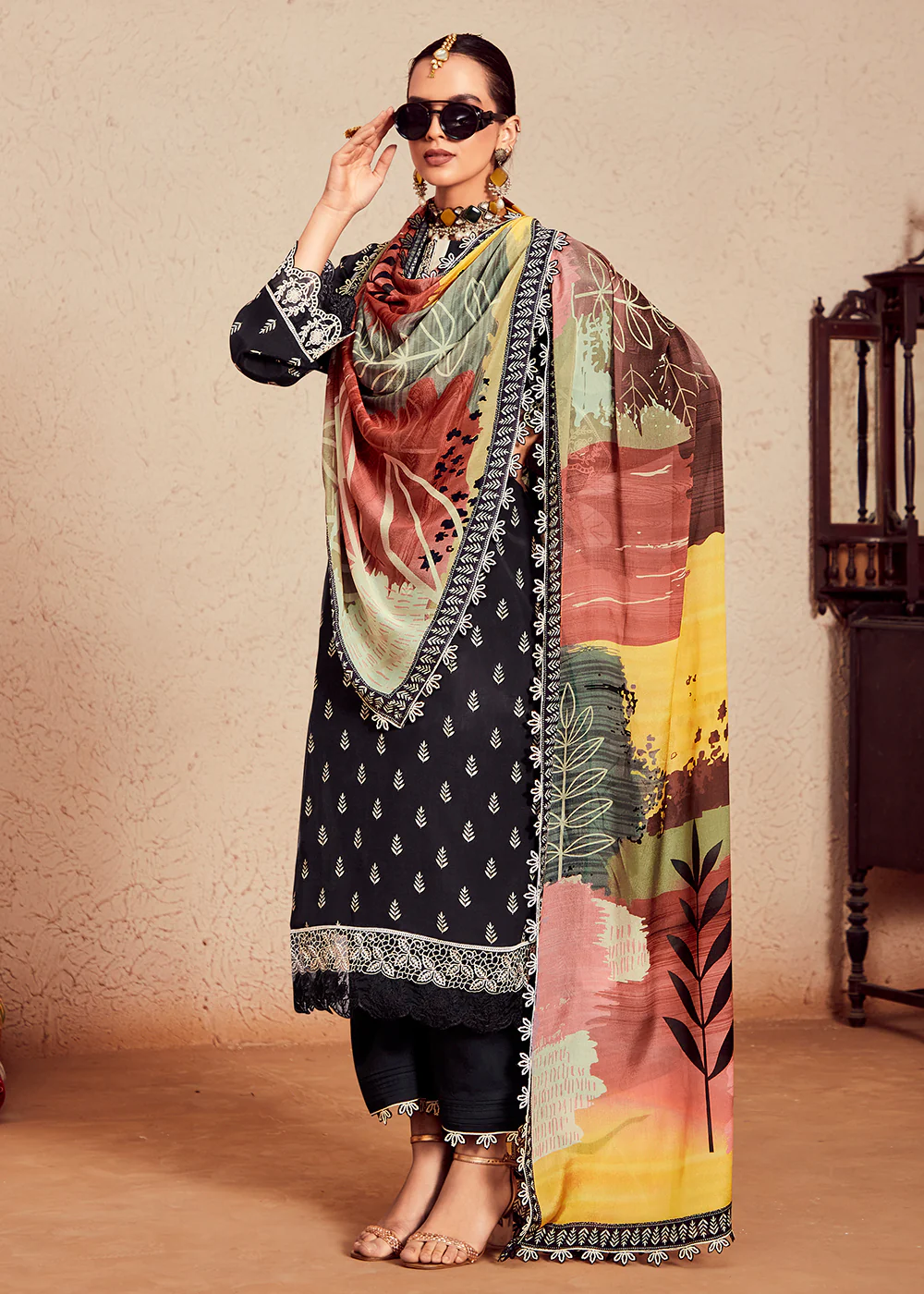 Muslin Cotton Black Digital Print & Embroidered Salwar Suit - Image 3