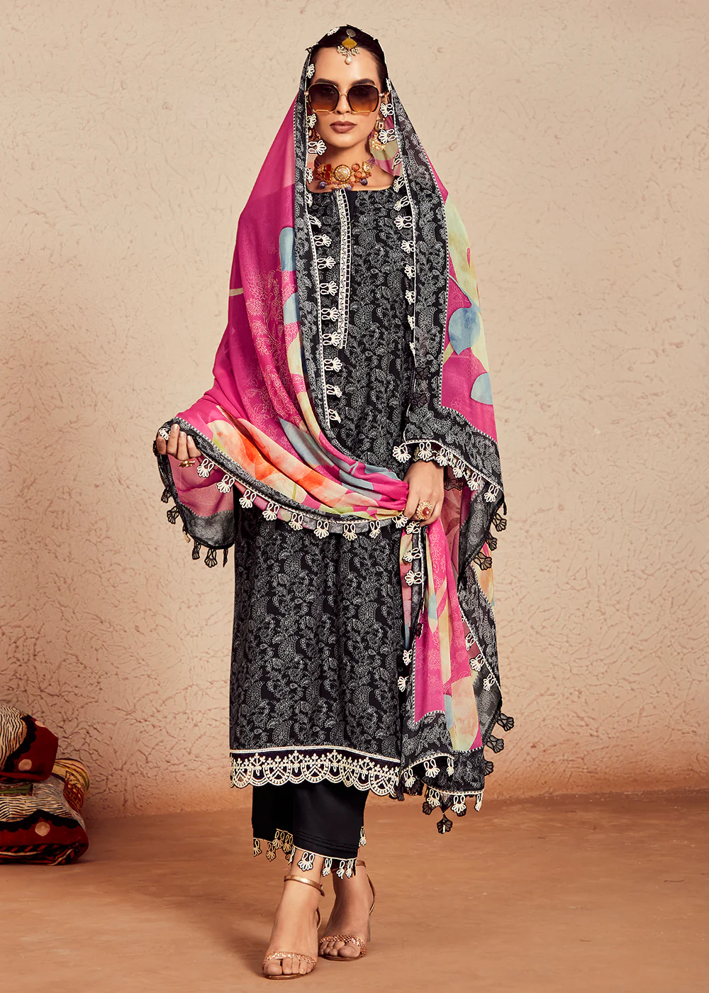 Muslin Cotton Digital Print & Embroidered Black Salwar Suit