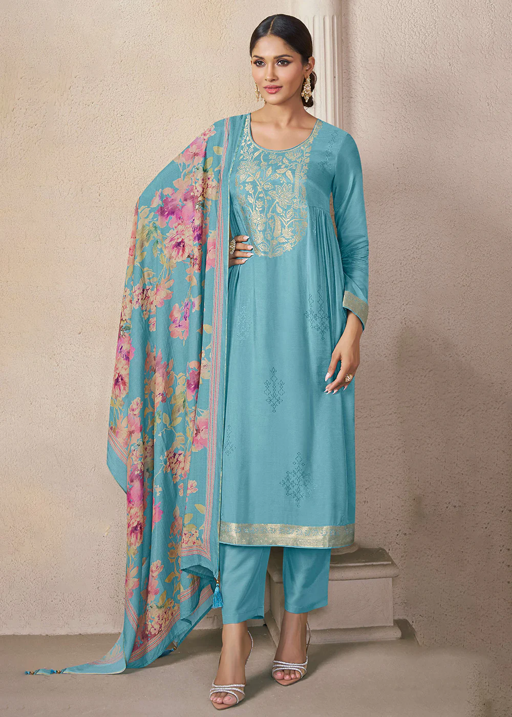 Muslin Silk Aqua Weaving Festive Salwar Suit