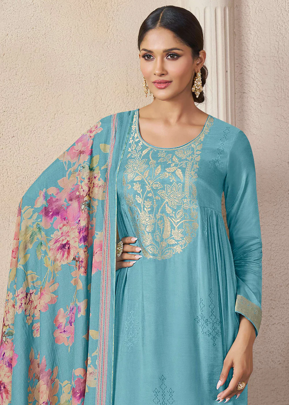 Muslin Silk Aqua Weaving Festive Salwar Suit - Image 2