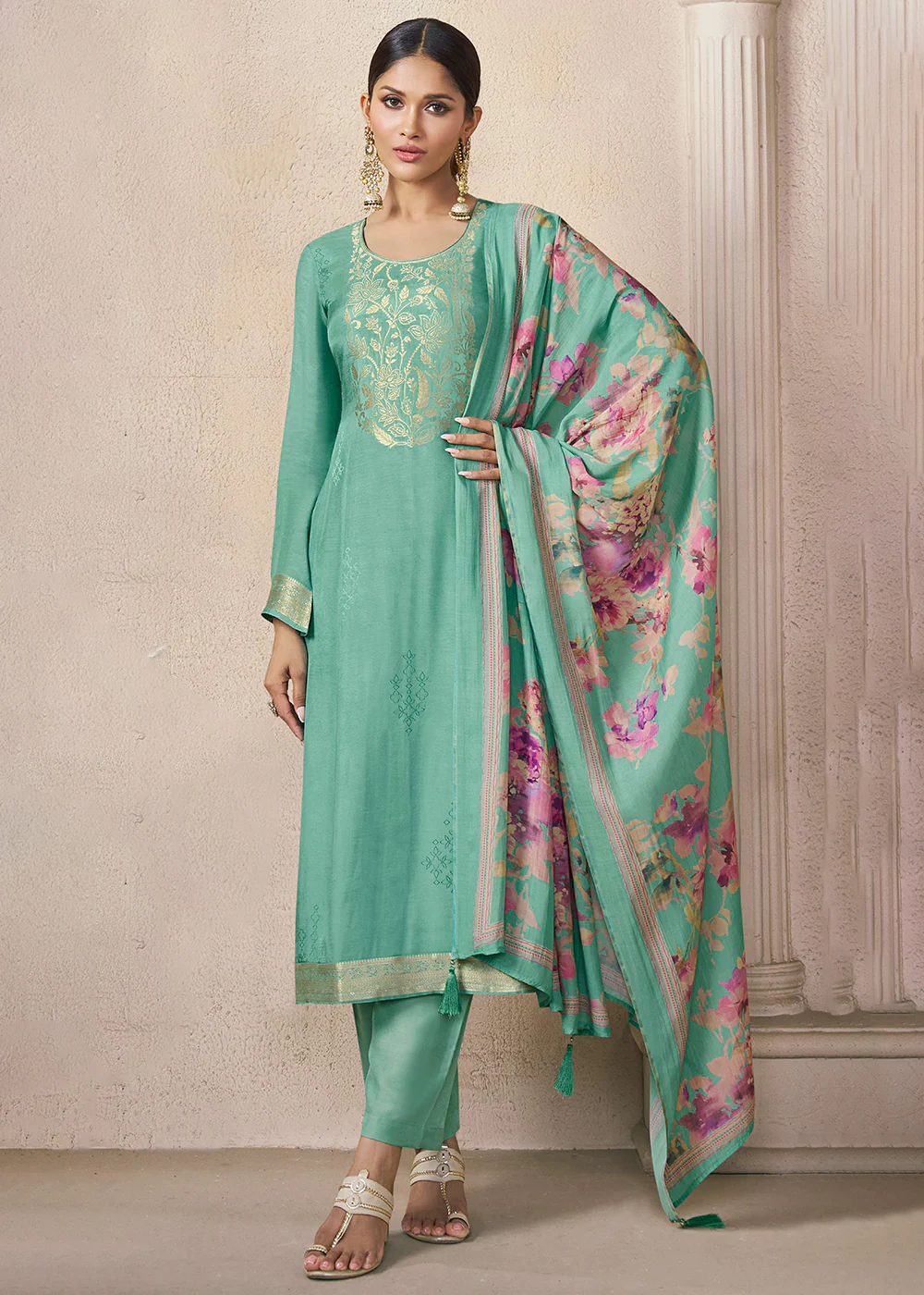 Muslin Silk Green Weaving Festive Salwar Suit