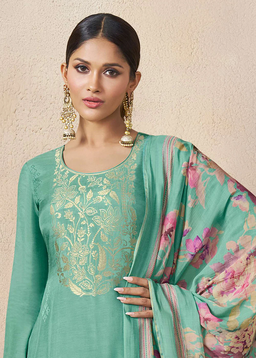 Muslin Silk Green Weaving Festive Salwar Suit - Image 2