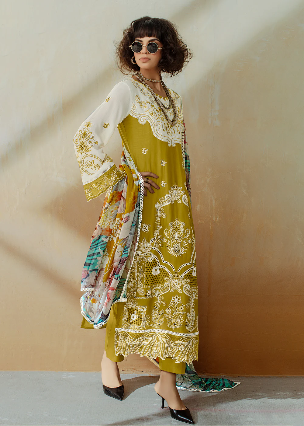 Mustard Applique Embroidered Muslin Pant Style Salwar Suit - Image 4
