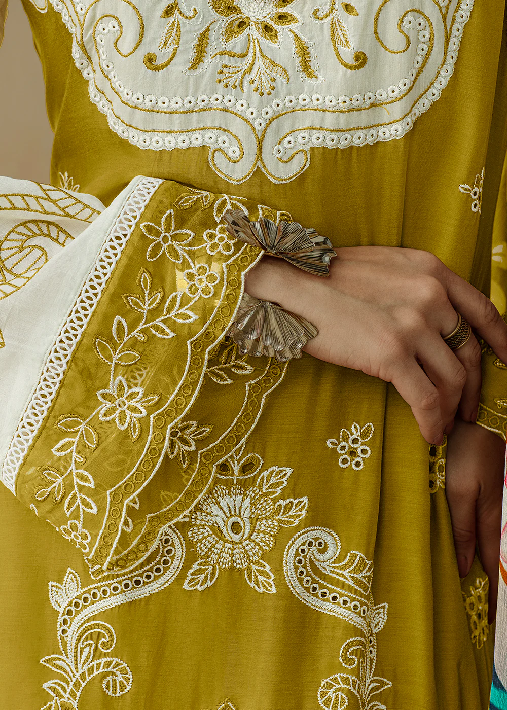 Mustard Applique Embroidered Muslin Pant Style Salwar Suit - Image 5