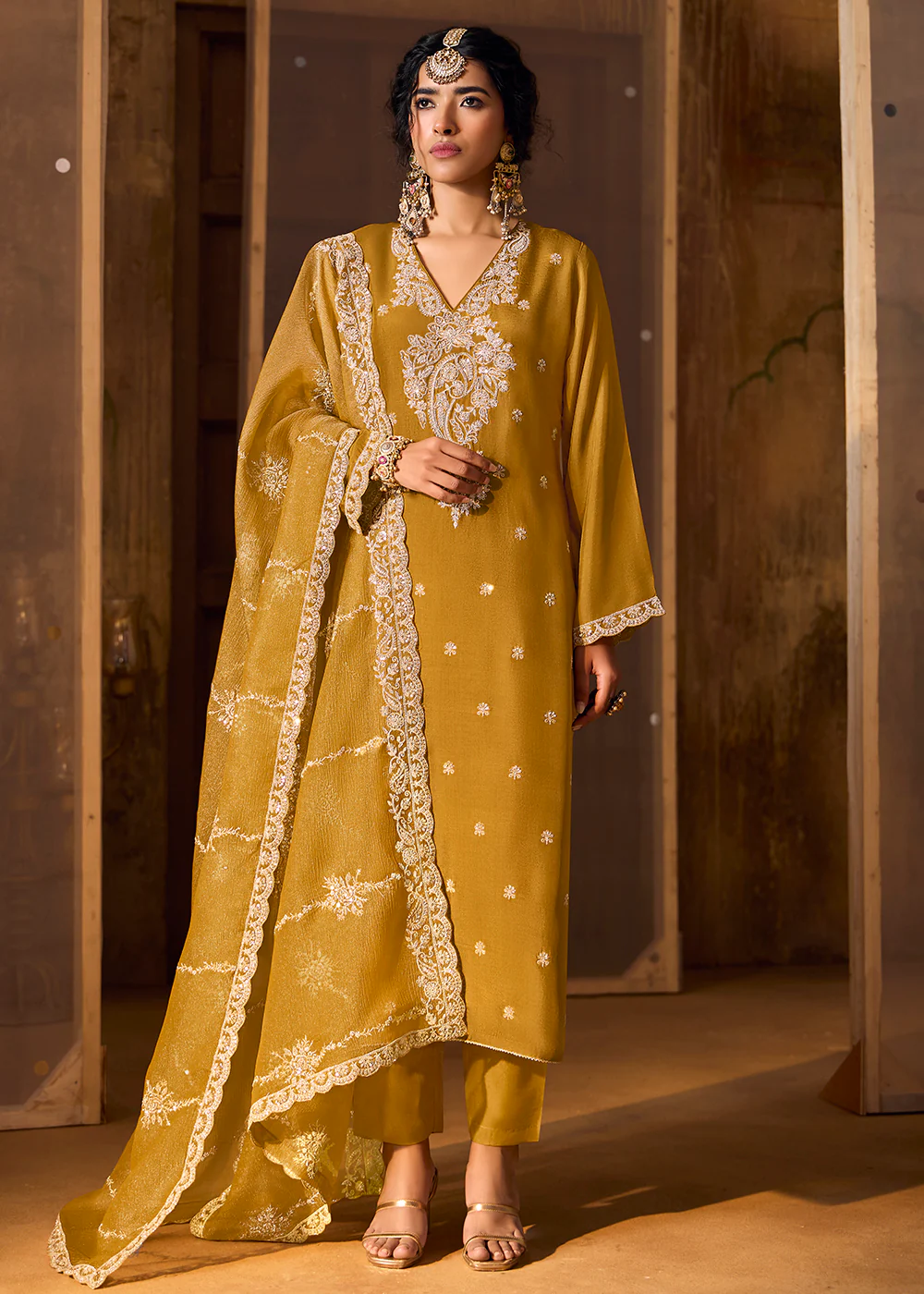 Mustard Bamberg Silk Embroidered Eid Style Salwar Suit