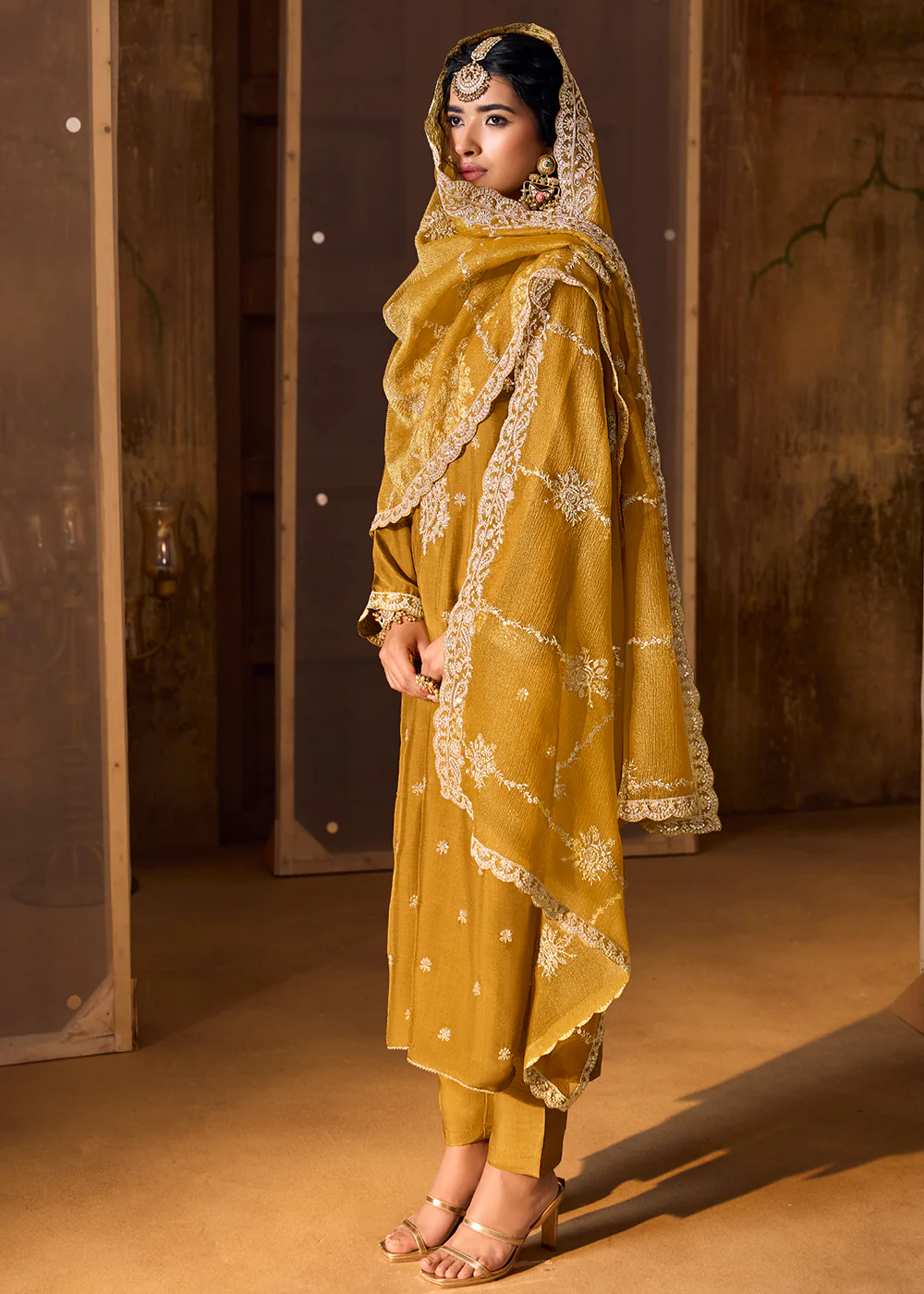 Mustard Bamberg Silk Embroidered Eid Style Salwar Suit - Image 5