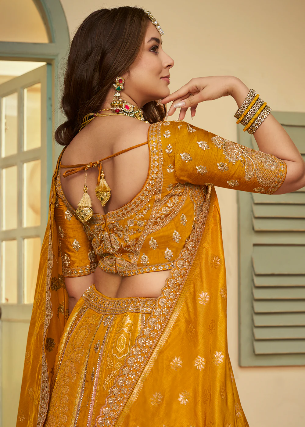Mustard Banarasi Premium Silk Designer Lehenga Choli - Image 3