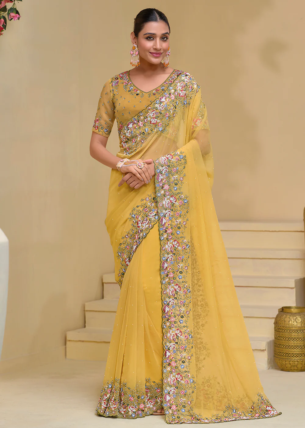 Mustard Banarasi Silk Embroidered Designer Saree