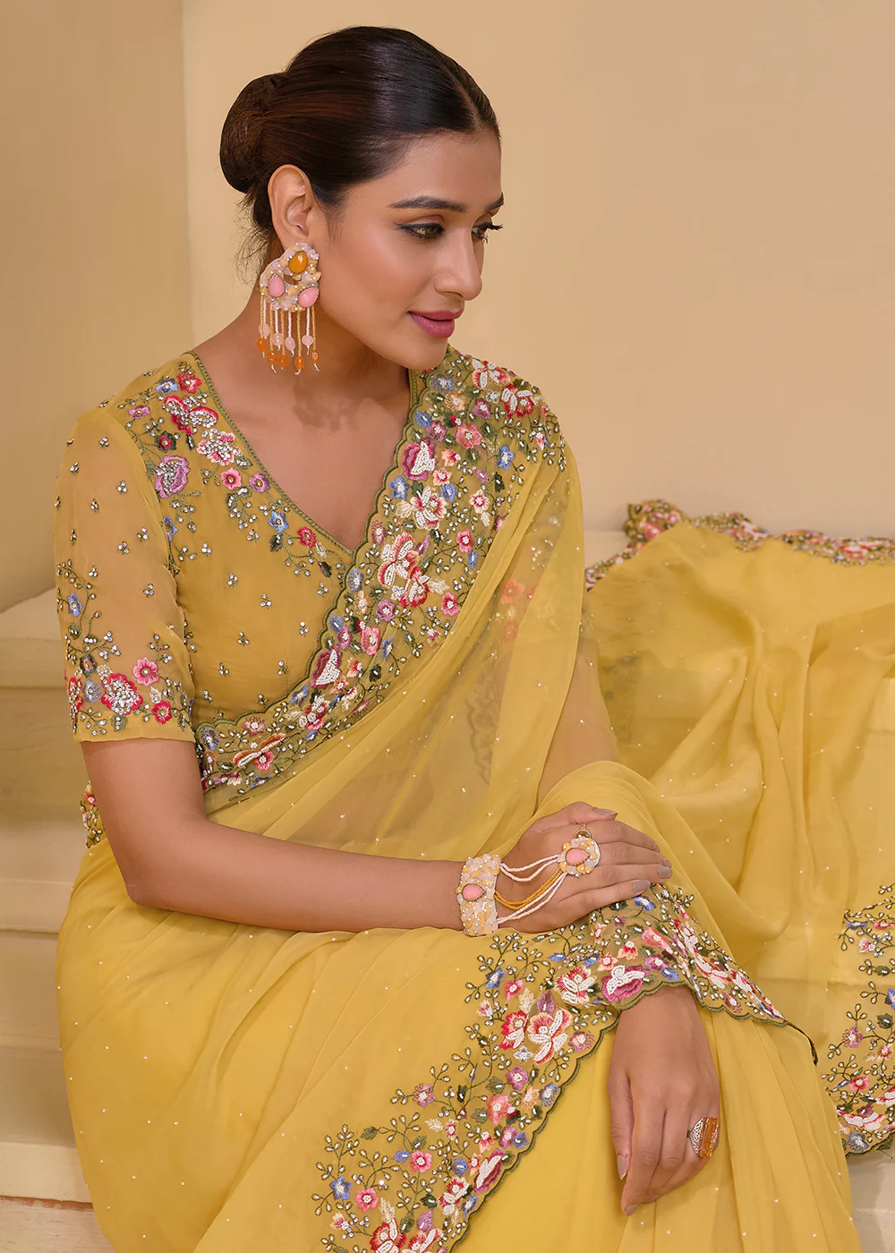 Mustard Banarasi Silk Embroidered Designer Saree - Image 4
