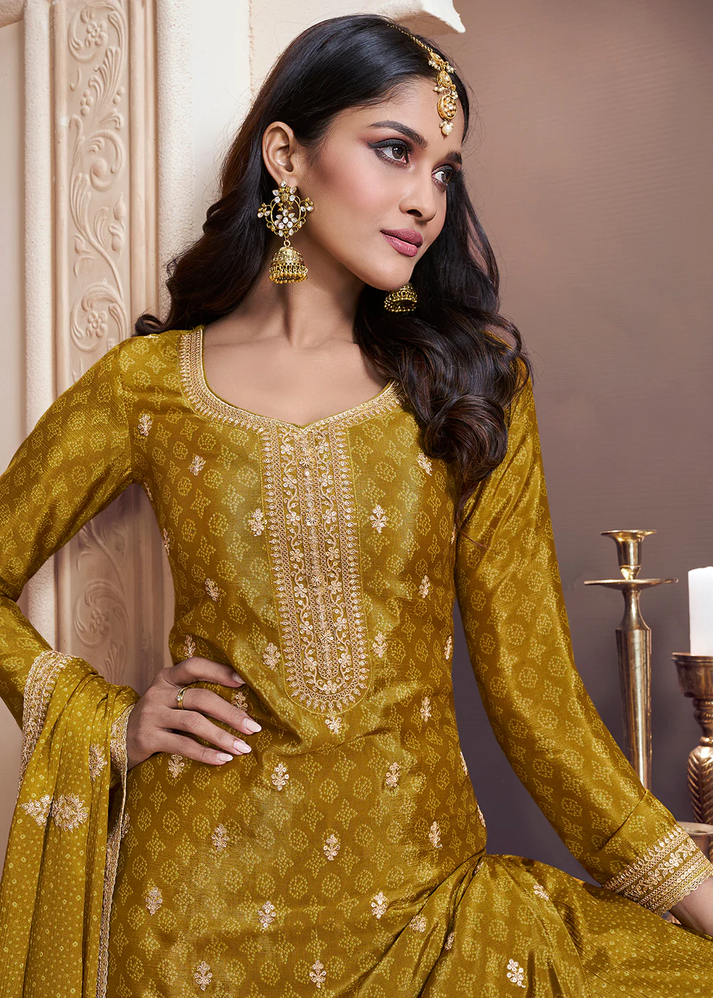 Mustard Bandhani Printed Chinnon Palazzo Style Suit - Image 2