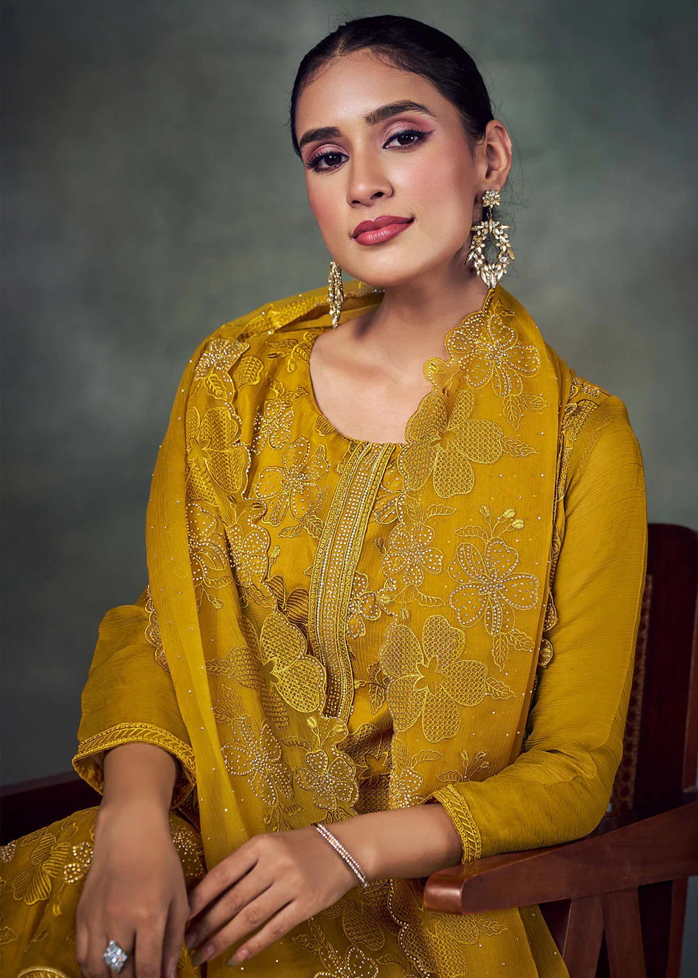 Mustard Chiffon Embroidered Pakistani Style Suit - Image 2