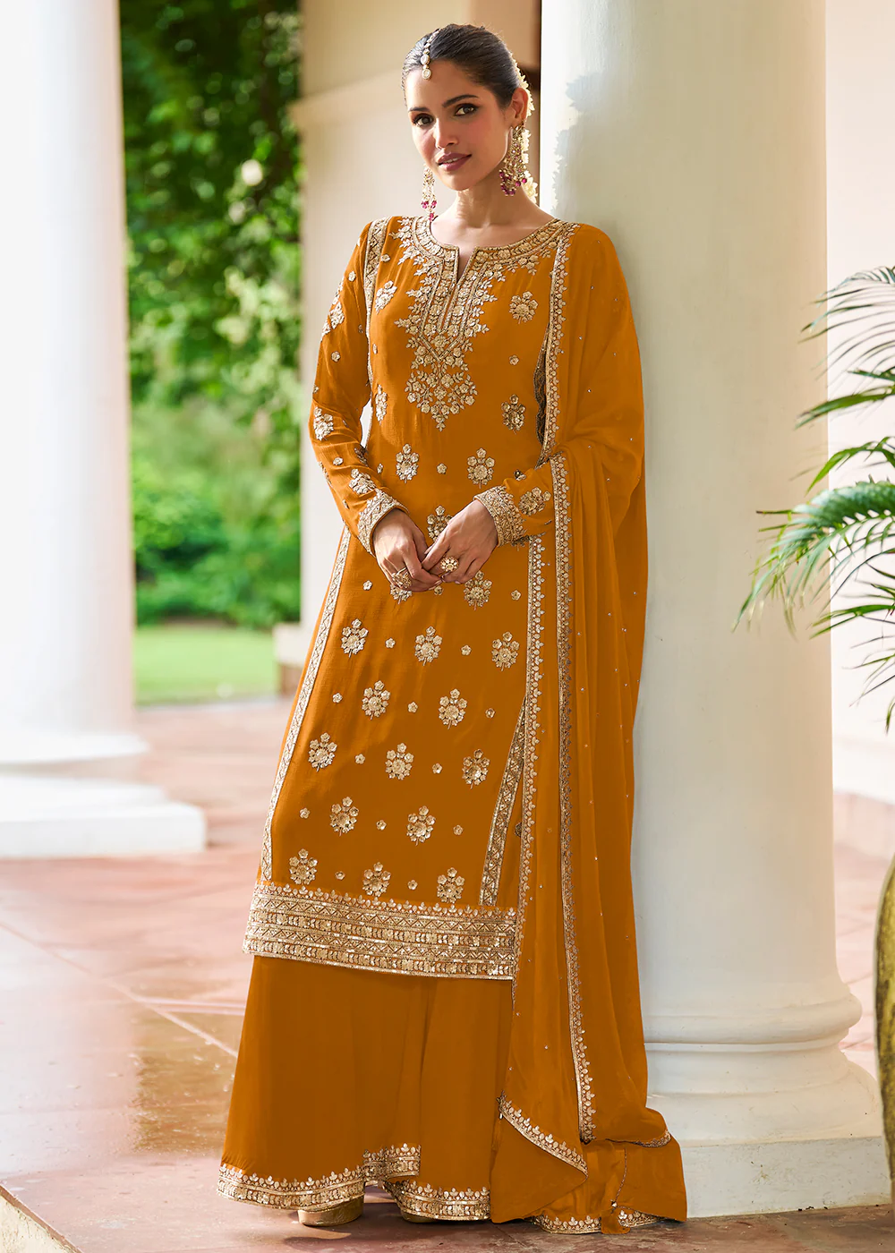 Mustard Chinnon Silk Sequins Work Ethnic Palazzo Suit