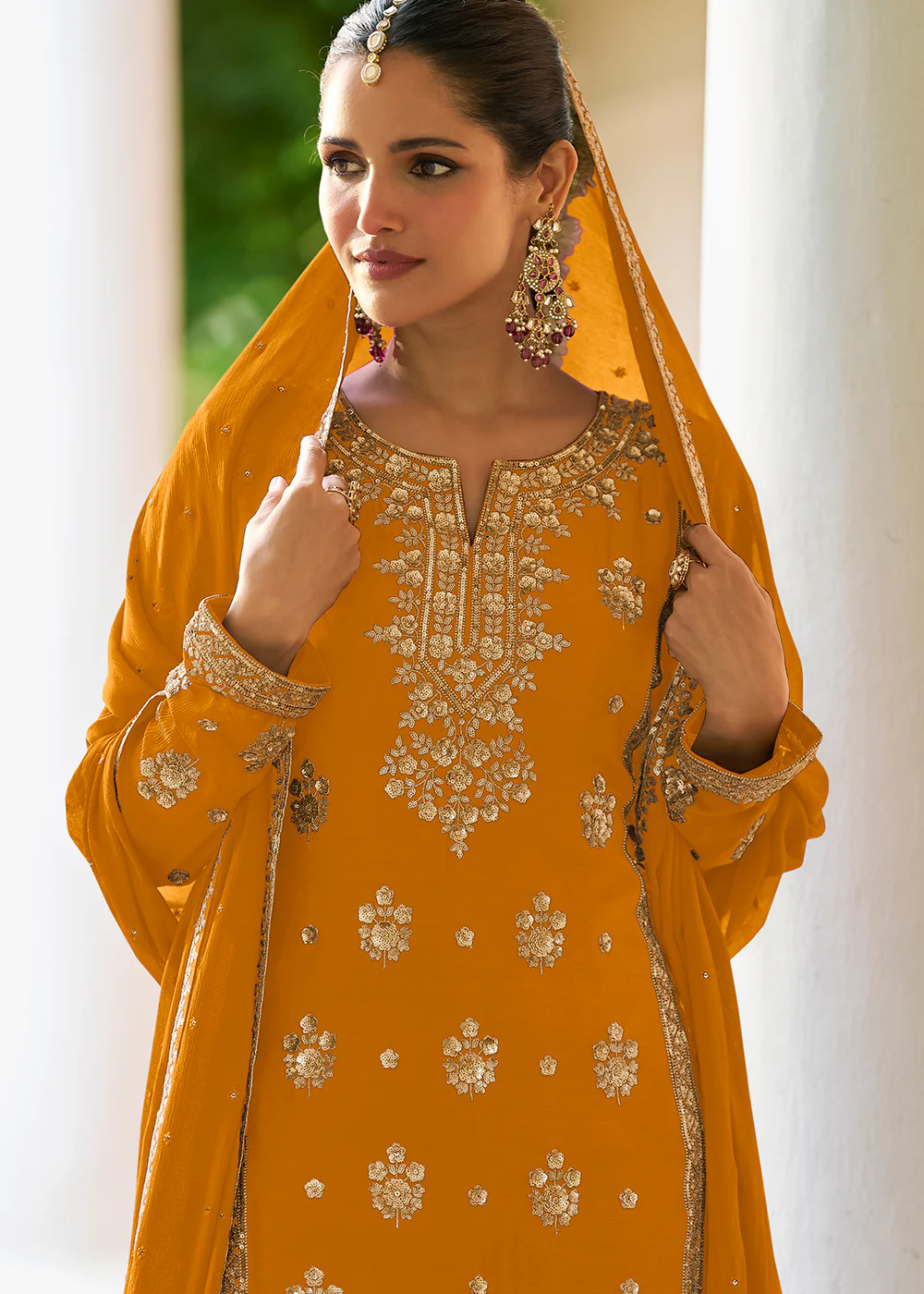 Mustard Chinnon Silk Sequins Work Ethnic Palazzo Suit - Image 2