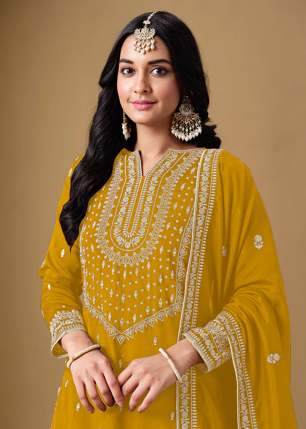 Mustard Color Embroidered Art Silk Gharara Style Suit - Image 2