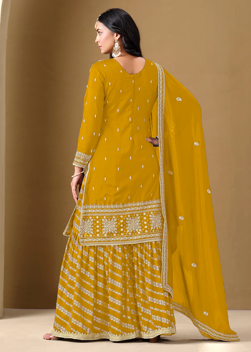 Mustard Color Embroidered Art Silk Gharara Style Suit - Image 3