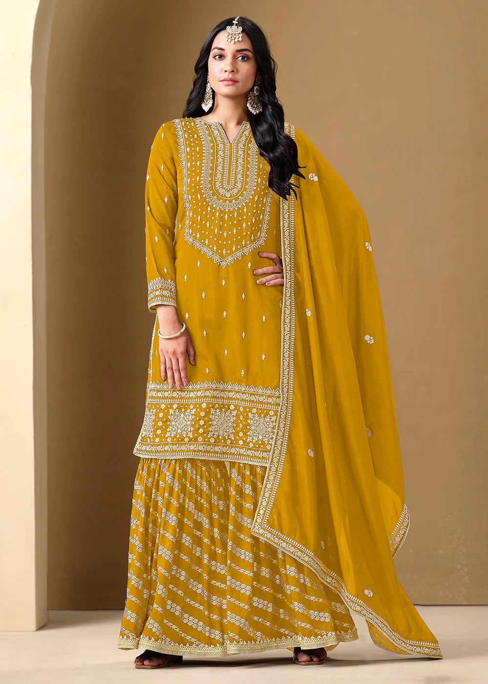 Mustard Color Embroidered Art Silk Gharara Style Suit - Image 4