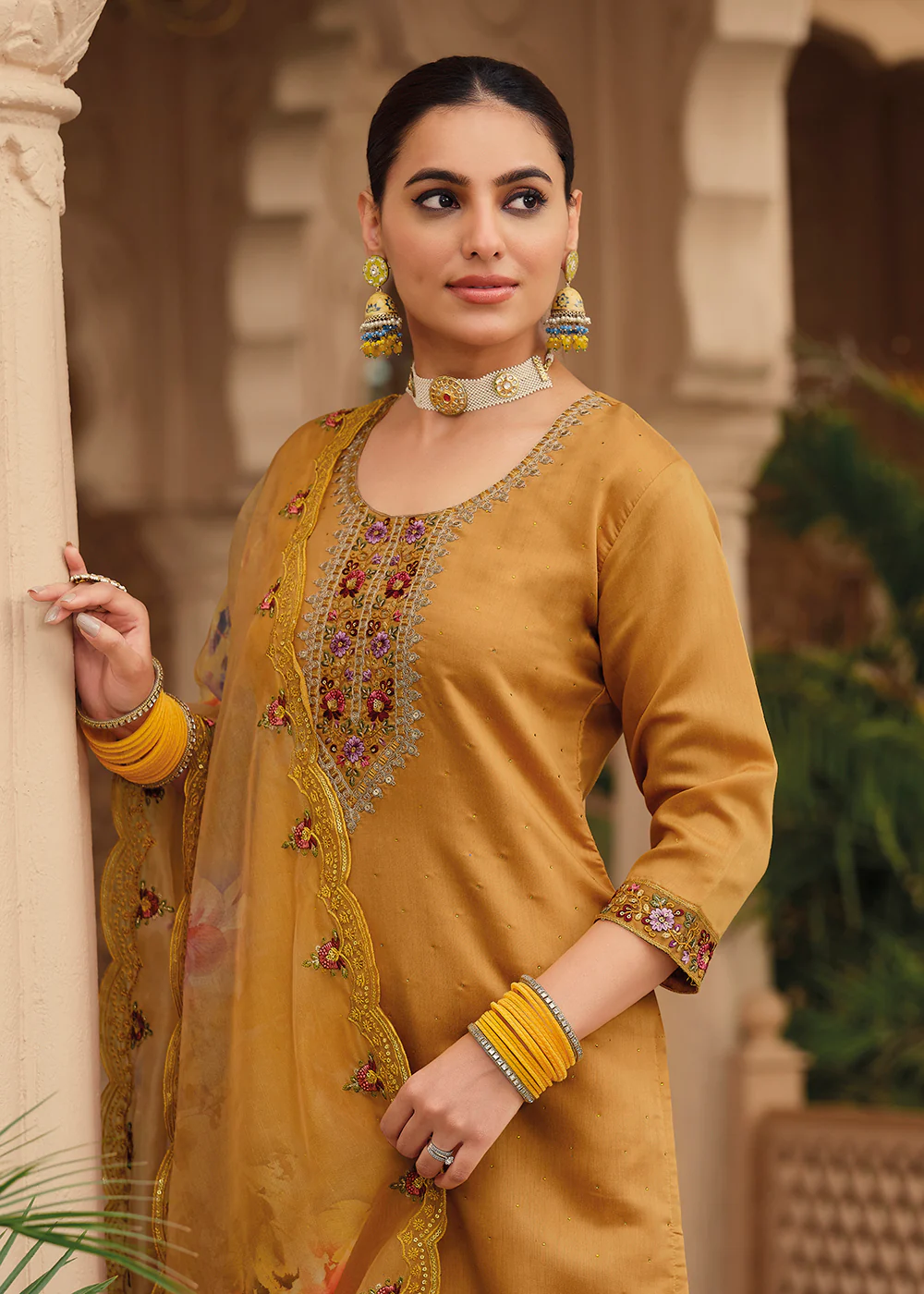 Mustard Color Embroidered Silk Pant Style Salwar Suit - Image 2