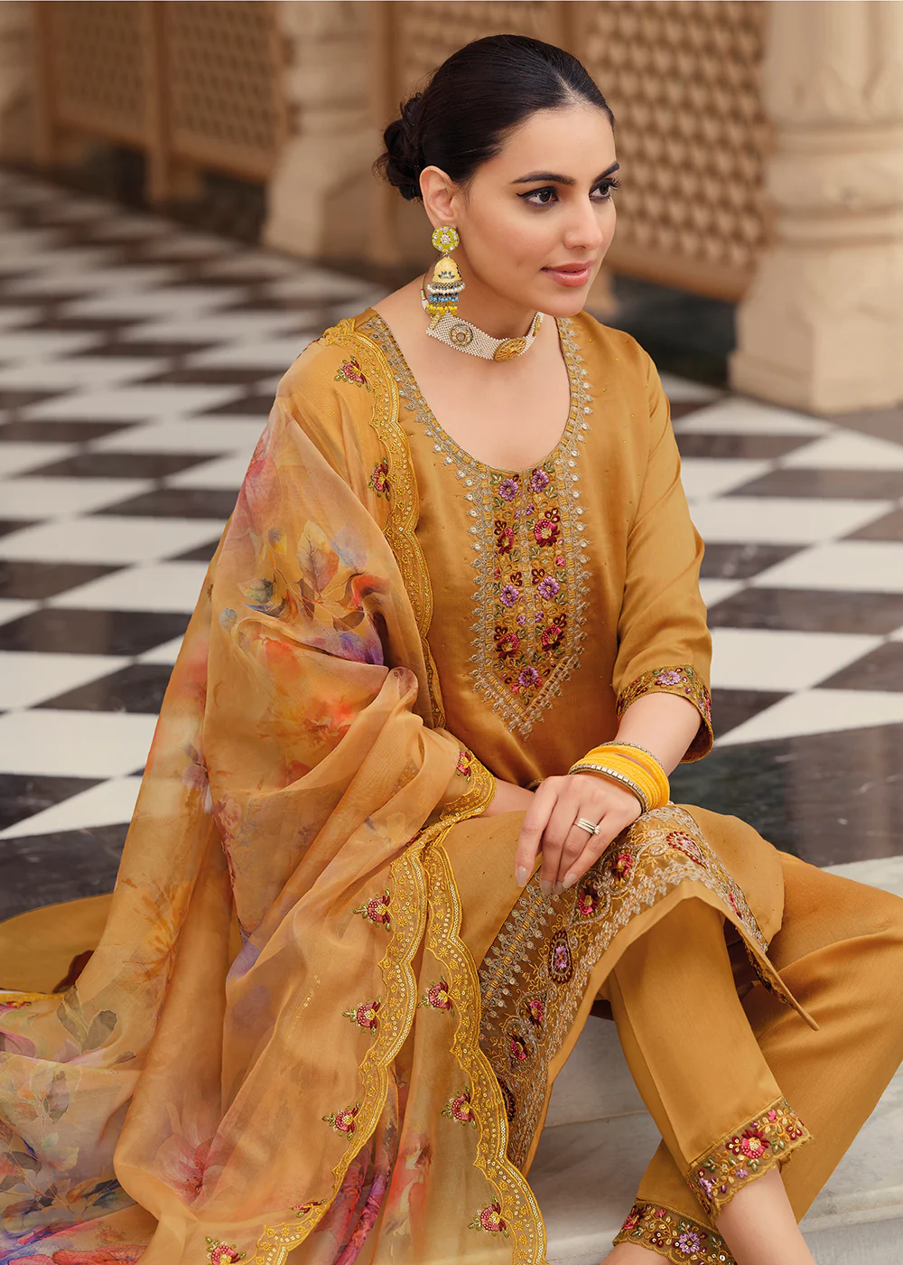 Mustard Color Embroidered Silk Pant Style Salwar Suit - Image 3
