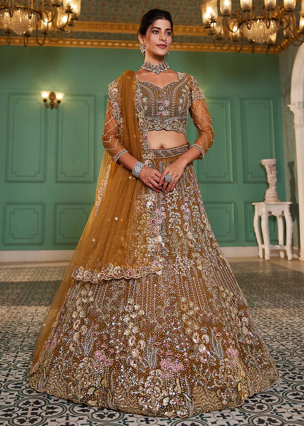 Mustard Cording & Zarkan Embroidered Net Lehenga Choli