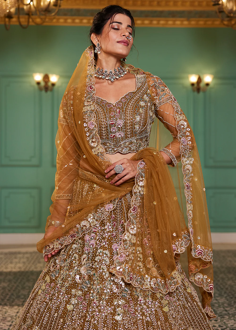 Mustard Cording & Zarkan Embroidered Net Lehenga Choli - Image 5