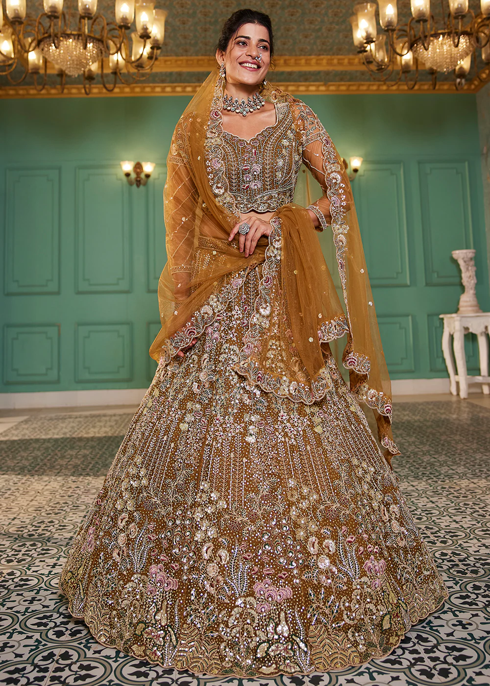 Mustard Cording & Zarkan Embroidered Net Lehenga Choli - Image 6