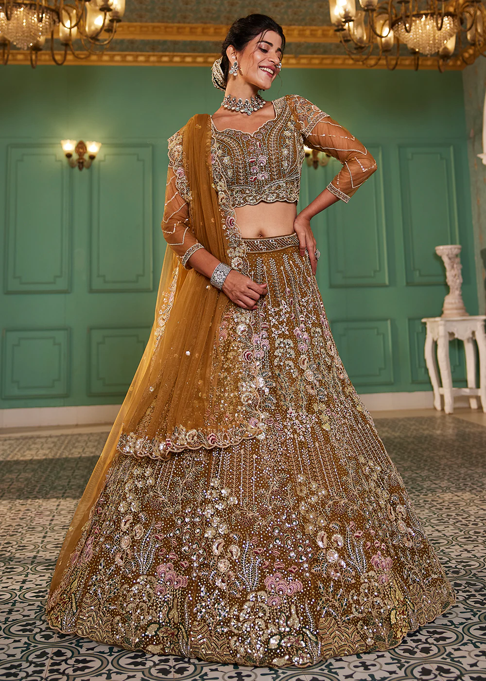 Mustard Cording & Zarkan Embroidered Net Lehenga Choli - Image 7