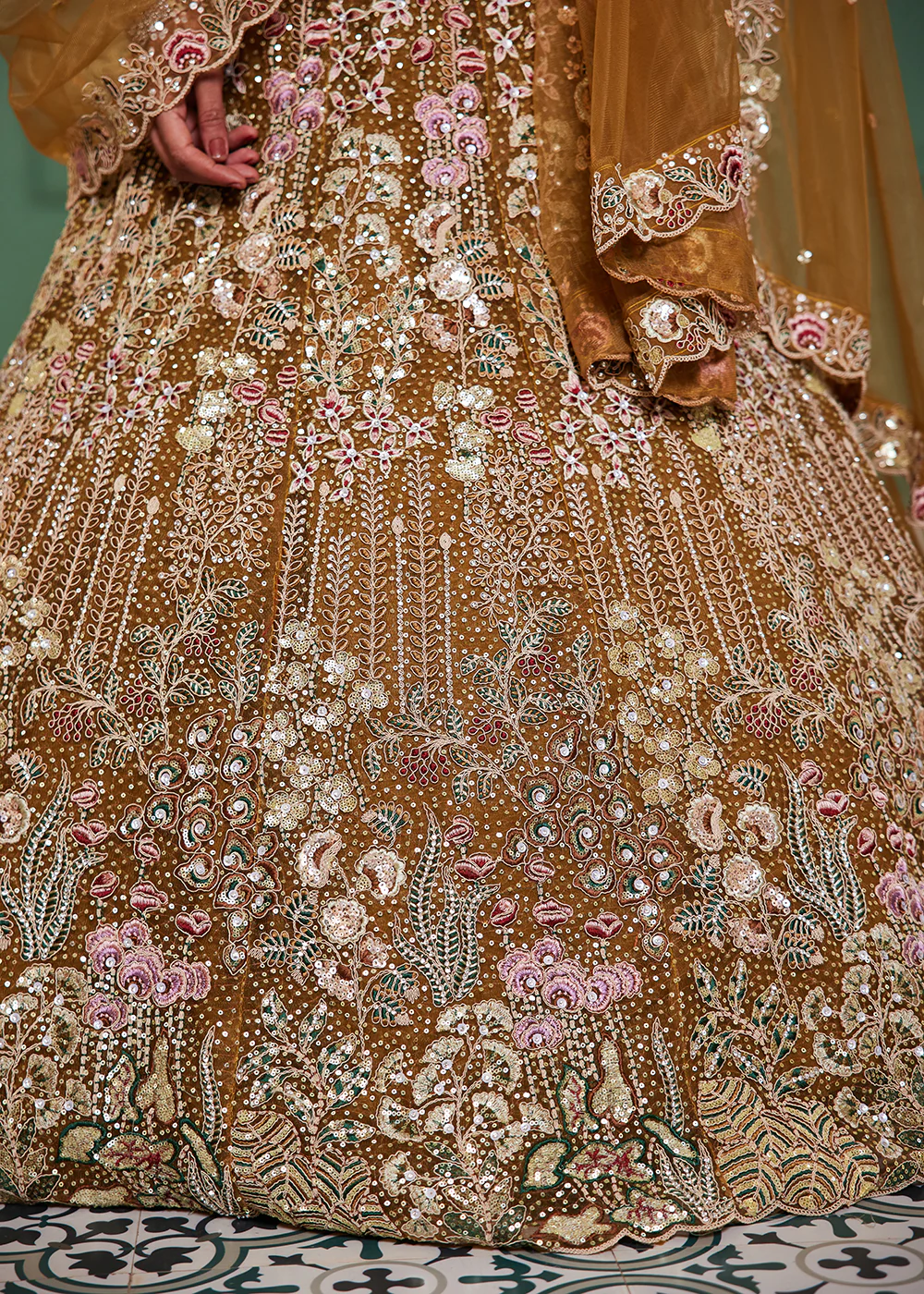 Mustard Cording & Zarkan Embroidered Net Lehenga Choli - Image 8