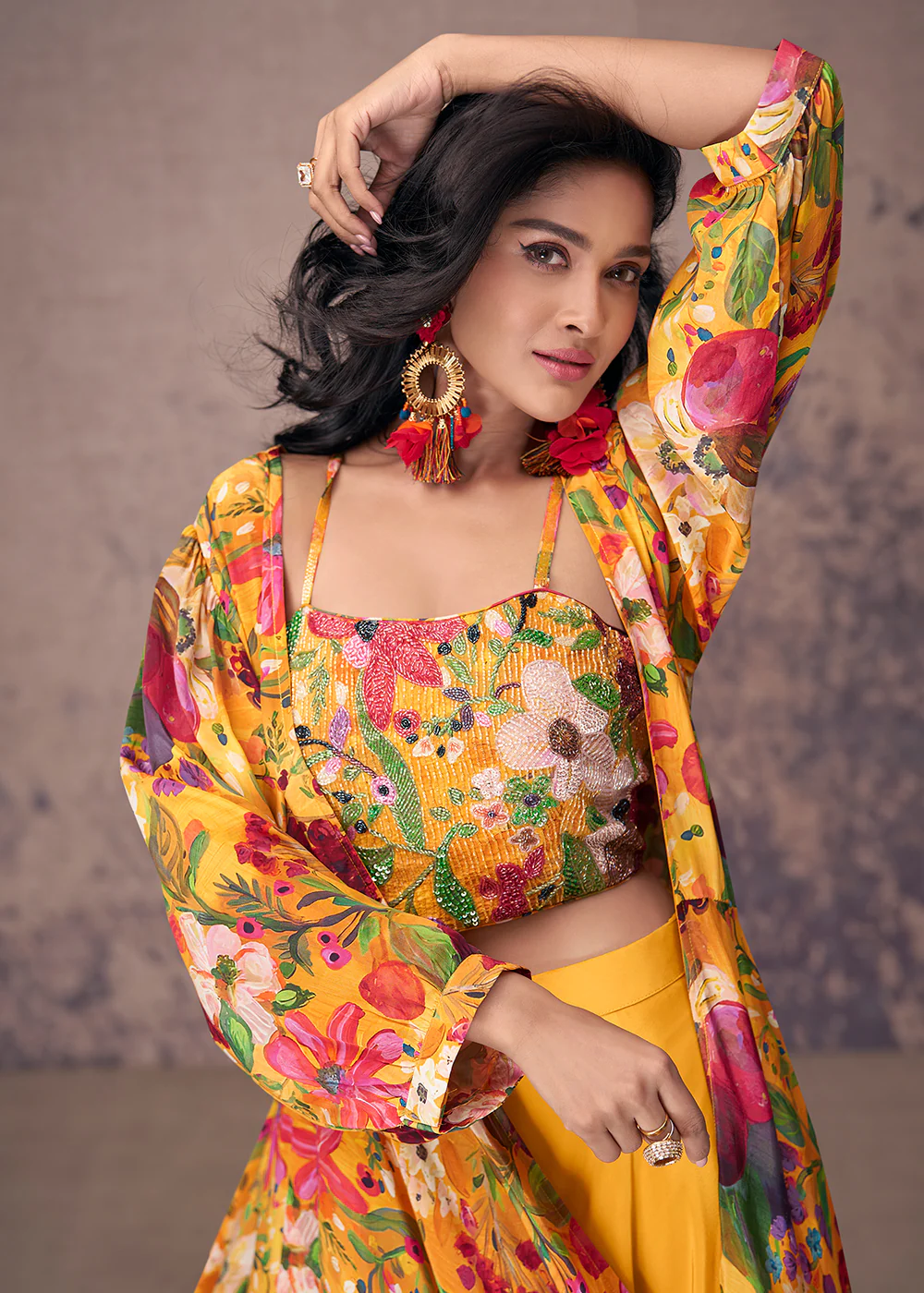 Mustard Crepe Silk Jacket Style Indo Western Dress - Image 2