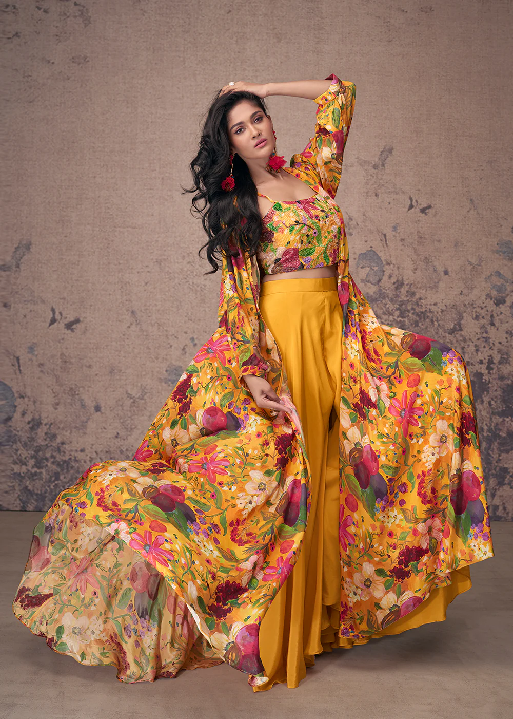Mustard Crepe Silk Jacket Style Indo Western Dress - Image 3