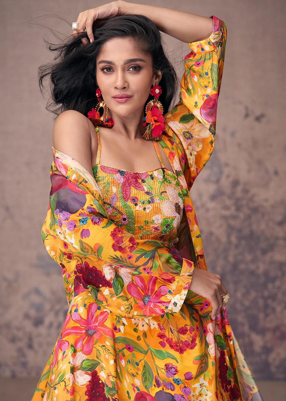 Mustard Crepe Silk Jacket Style Indo Western Dress - Image 4