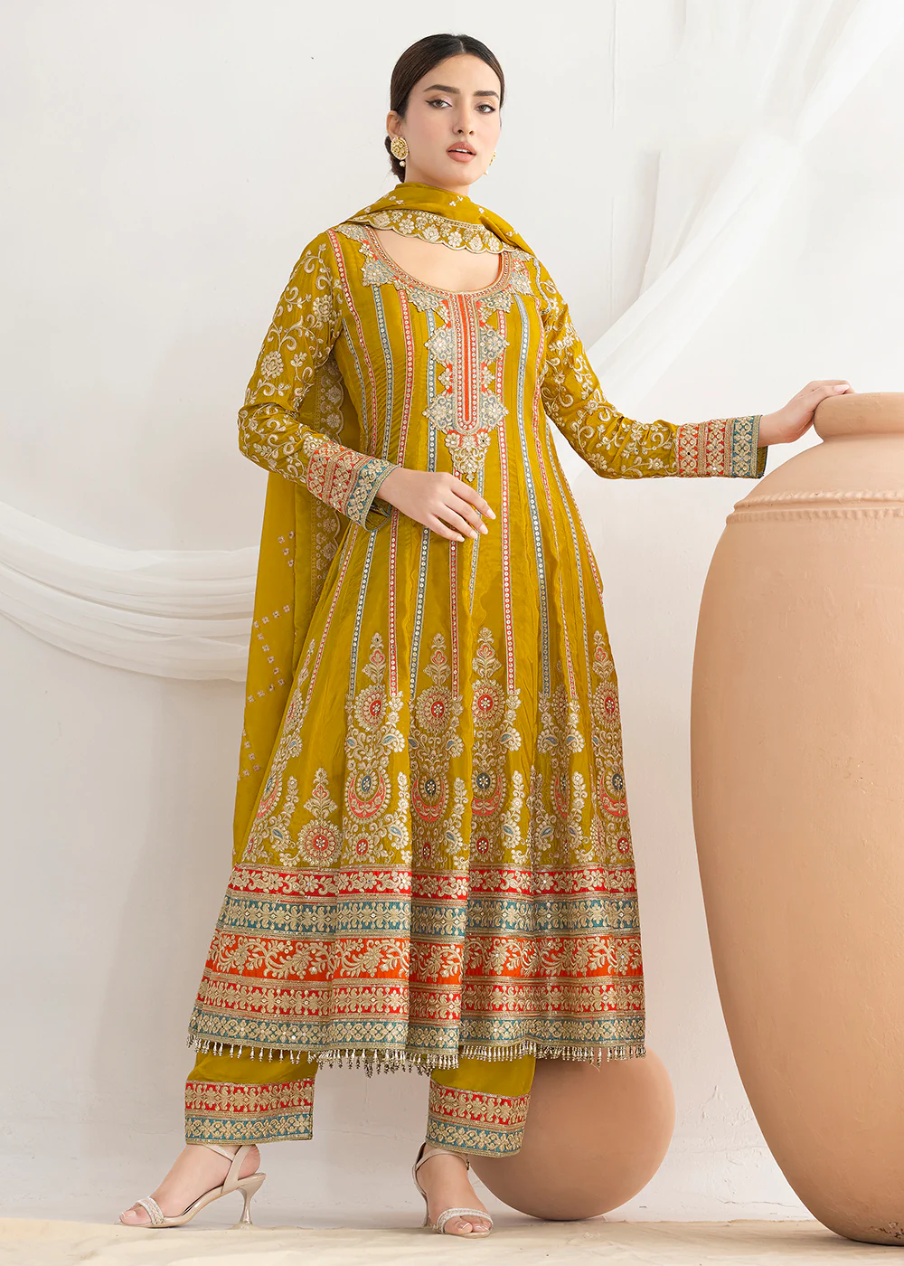 Mustard Dabka Dori & Mirror Anarkali Style Pant Suit - Image 3