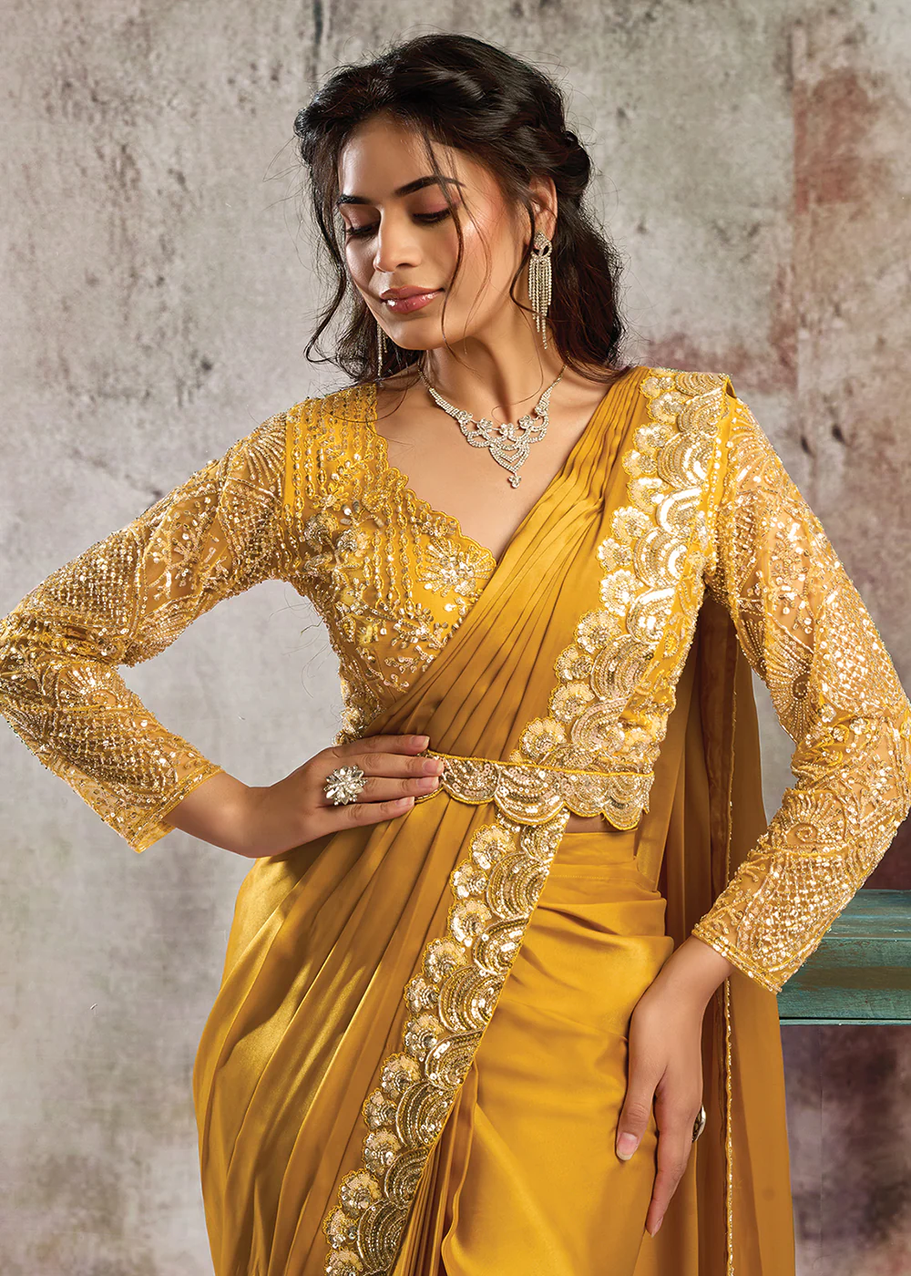 Mustard Designer Party Wear Pre Draped Saree - Image 2