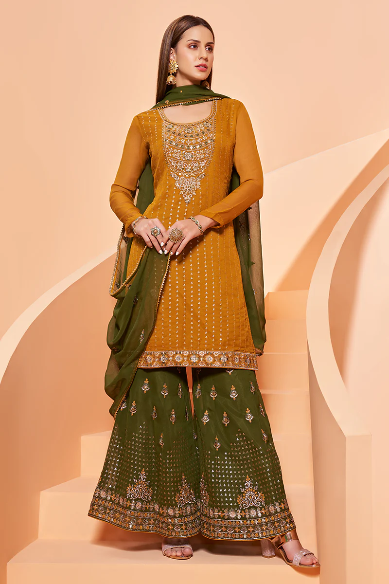 Mustard Designer Pakistani Style Sequins Sharara Suit - Image 4
