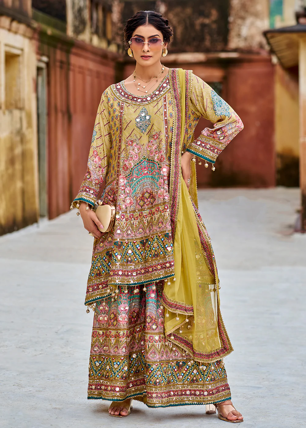 Mustard Embellished Heavy Chinnon Palazzo Style Suit