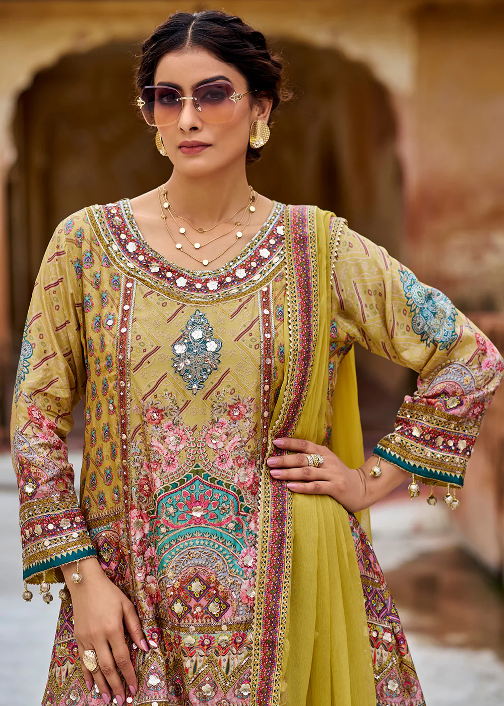 Mustard Embellished Heavy Chinnon Palazzo Style Suit - Image 2